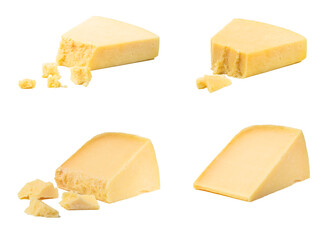 Closeup of parmesan cheese in pieces, on a white background