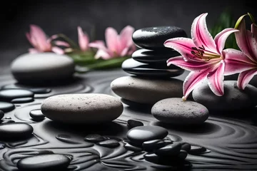 Foto op Canvas Lily and spa stones in zen garden. Stack of spa  stones with pink flowers © Malik