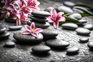 Lily and spa stones in zen garden. Stack of spa  stones with pink flowers