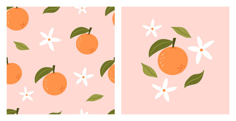 Seamless pattern with oranges, white flowers and leaves
