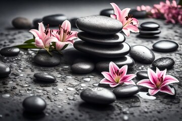 Fototapeta na wymiar Lily and spa stones in zen garden. Stack of spa stones with pink flowers