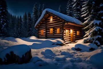 this small log cabin is snow covered at night-