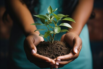 A woman gently cradles a vibrant houseplant in her hand, its verdant leaves a symbol of growth and nurturing in the great outdoors