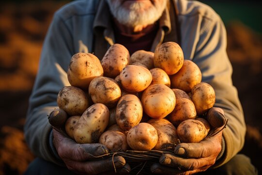 A rugged man proudly displays the bounty of his local market, a rustic basket brimming with hearty root vegetables and natural whole foods, including the versatile potato and exotic ullucus tuber