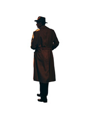 Mysterious man wearing a overcoat - full view - back view - black fedora hat - private detective - noir - retro - vintage - classic urban 1900s wear - looking over his shoulder