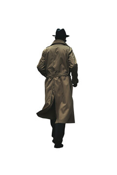 Mysterious man wearing a overcoat - full view - back view - black fedora hat - private detective - noir - retro - vintage - classic urban 1900s wear - cream colored coat - running away