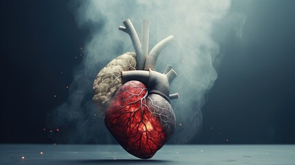A conceptual art of a human heart intertwined with a brain, amidst smoke - obrazy, fototapety, plakaty