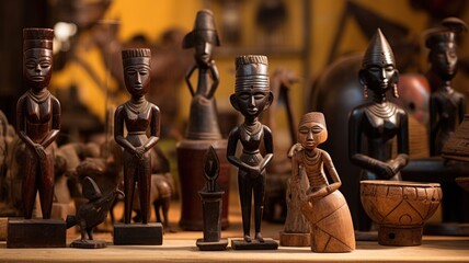 Assorted African wooden sculptures displayed on a shelf - obrazy, fototapety, plakaty