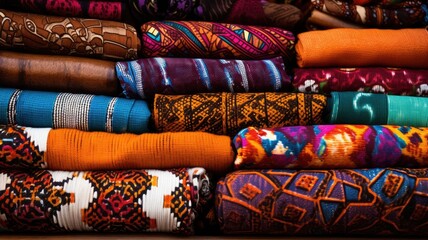 Colorful textiles stacked in a vibrant display