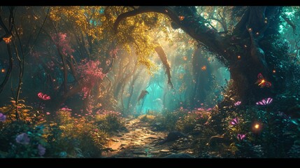 A magical forest illuminated by glowing plants, mystical creatures, and sparkling light effects, creating an enchanting and brightly colored fantasy world.