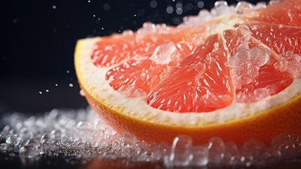 A close-up of a juicy grapefruit slice with sparkling water droplets