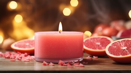 A lit grapefruit scented candle with citrus fruit and petals