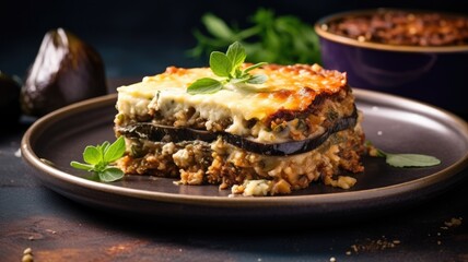 A slice of moussaka on a plate garnished with basil