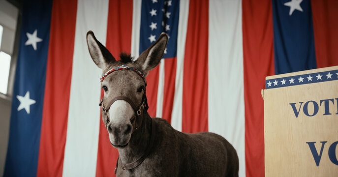 An American donkey symbolizing the Democratic Party, adorned with campaign buttons and the USA flag.