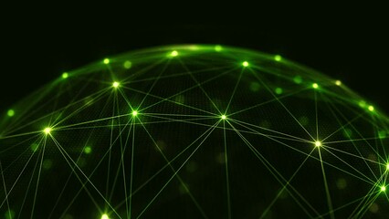 Dynamic network of green lines and dots, forming a spherical shape, pulsates and evolves over time in this visually striking animation.