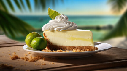 Key lime pie on a tropical backdrop, garnished with lime