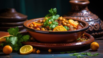Traditional Moroccan tagine with chickpeas and vegetables