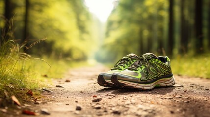 Green running shoes on a forest trail with sunlight filtering through trees