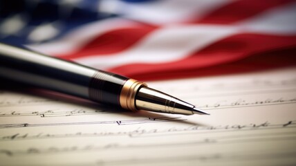 Fountain pen on a sheet with an American flag background