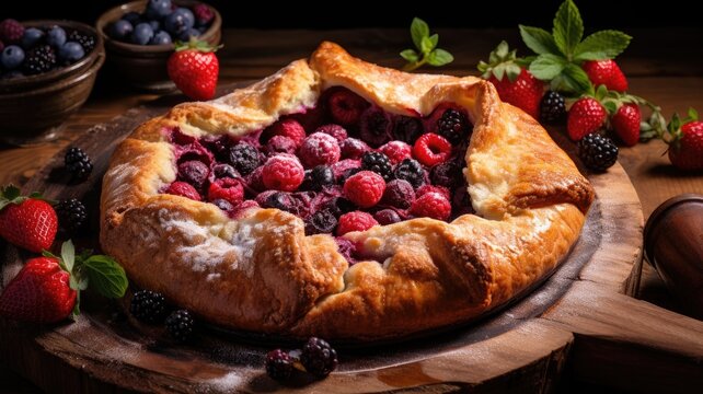Rustic mixed berry galette on a wooden board
