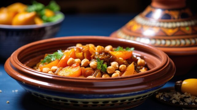 Close-up of a Moroccan tagine with chickpeas and vegetables