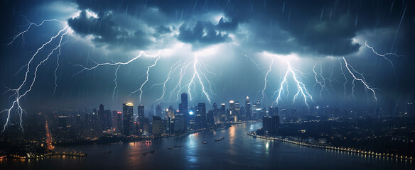 lightning rain over the city - obrazy, fototapety, plakaty
