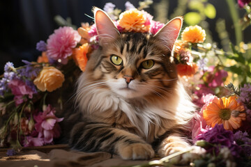 A content cat with a flower crown lounging in a sunlit garden filled with blooming flowers, showcasing the tranquility and natural beauty of a feline enjoying the outdoors.
