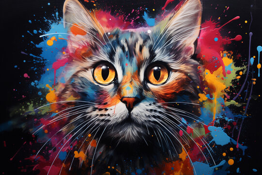 An artistic depiction of a cat with abstract paint splatters and vibrant colors on a canvas background, showcasing the creative and expressive side of feline personality.