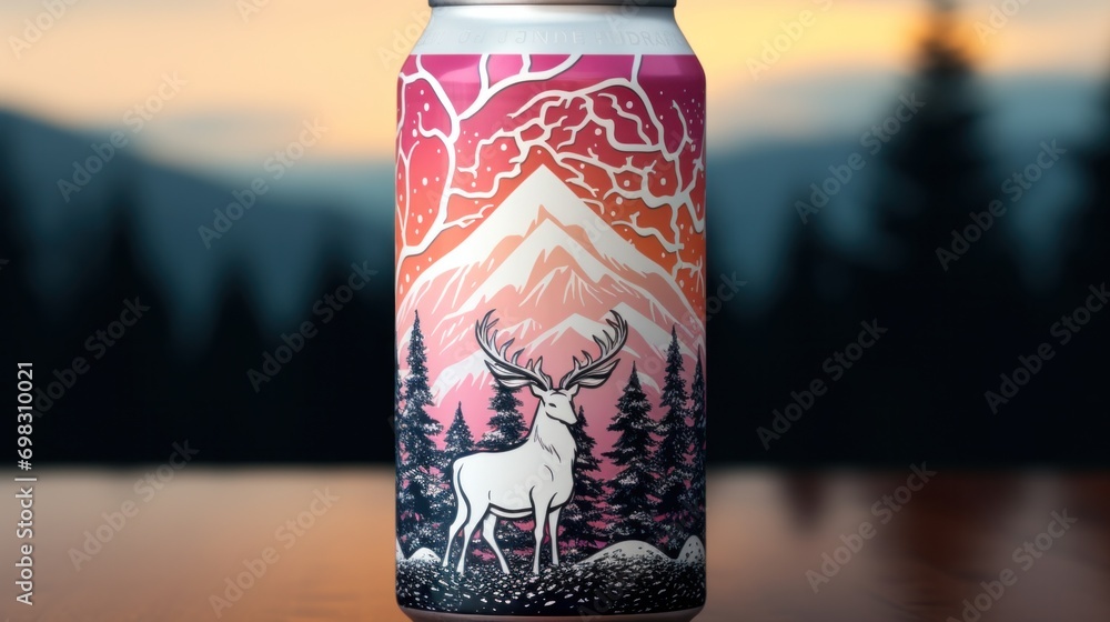 Poster a can of a beer with an image on it sitting in front of trees, ai