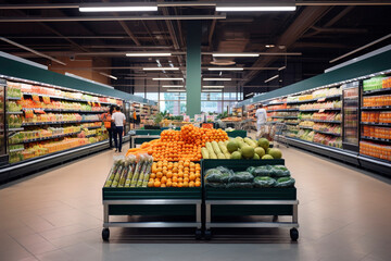 Interior of a supermarket or grocery store, economic crisis concept