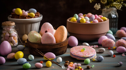 Easter table with colorful eggs and csugar eggs for children