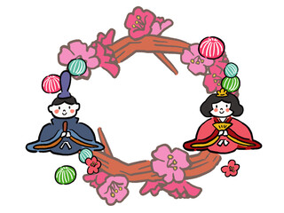 ひな祭り　ひな人形　お内裏様とお雛様と木と花の手描き風フレームイラスト