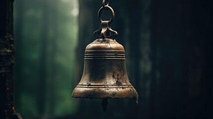 Ancient bell hanging in a misty forest environment - obrazy, fototapety, plakaty