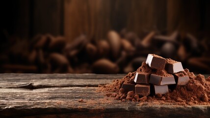 Chocolate pieces with cocoa powder on rustic wooden background - obrazy, fototapety, plakaty