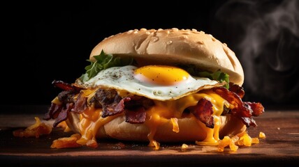 Decadent cheeseburger with bacon and a fried egg on top - obrazy, fototapety, plakaty