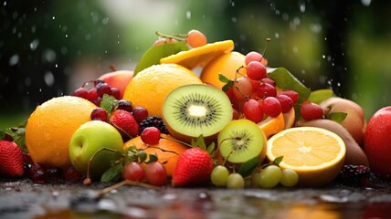 Assorted fresh fruits with water droplets