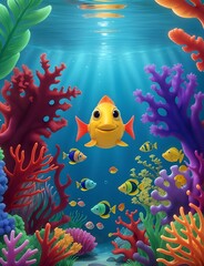 fish swimming in the depths of a water body in a natural environment, among algae and other vegetation, cartoons