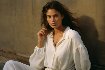 beautiful elegant young girl in a white shirt on the street 
