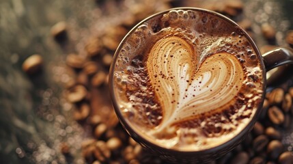 Coffee mug cup with foam heart shape wallpaper background