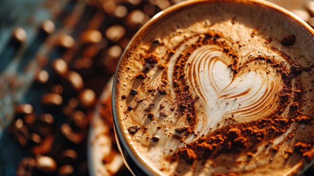 Coffee mug cup with foam heart shape wallpaper background