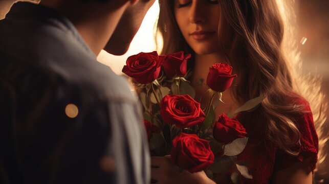 Man giving roses bouquet flowers to woman valentine day wallpaper background