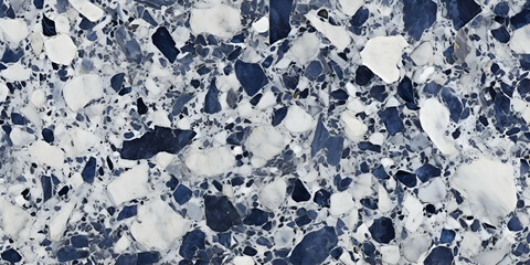 Obraz premium High detailed Close up background Blue and White Terrazzo pattern. Surface texture print of decorative granite mosaic. Stonr marble tiles. Generative Ai