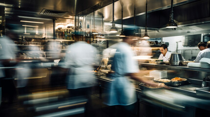 Restaurant kitchen with people motion blur. Long exposure blurred motion of cooks and culinary...