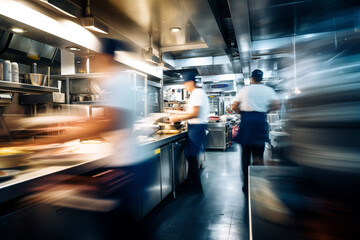 Restaurant kitchen with people motion blur. Long exposure blurred motion of cooks and culinary staff.
