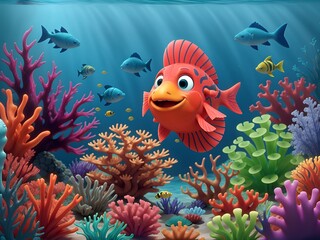 fish swimming in the depths of a water body in a natural environment, among algae and other vegetation, cartoons