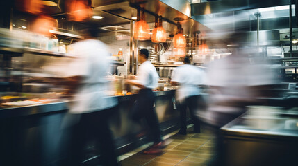 Restaurant kitchen with people motion blur. Long exposure blurred motion of cooks and culinary staff.
