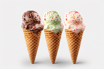  different sort of ice cream cones on white background 
