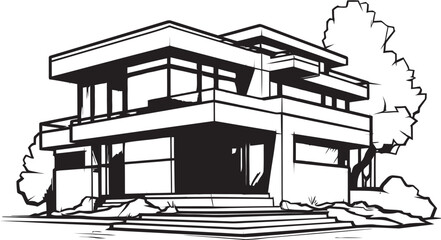 Cityline Mansion Sketch Modern Villa Icon in Bold Black Contemporary Urban Residence Villa Outline in Sharp Black Lines