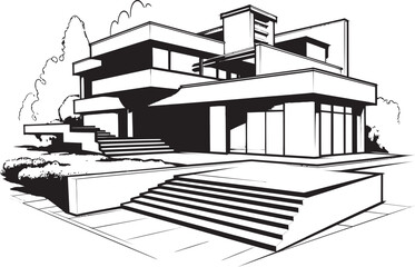 Obraz premium Cityline Mansion Sketch Villa Vector Outline in Urban Flair Stylish Cityscape Residence Villa Icon in Crisp Black Lines