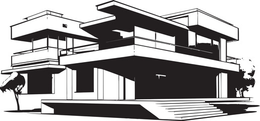 Sleek Urban Villa Sketch Modern City Villa in Black Outline Modern Cityline Abode Villa Icon in Bold Black Outline